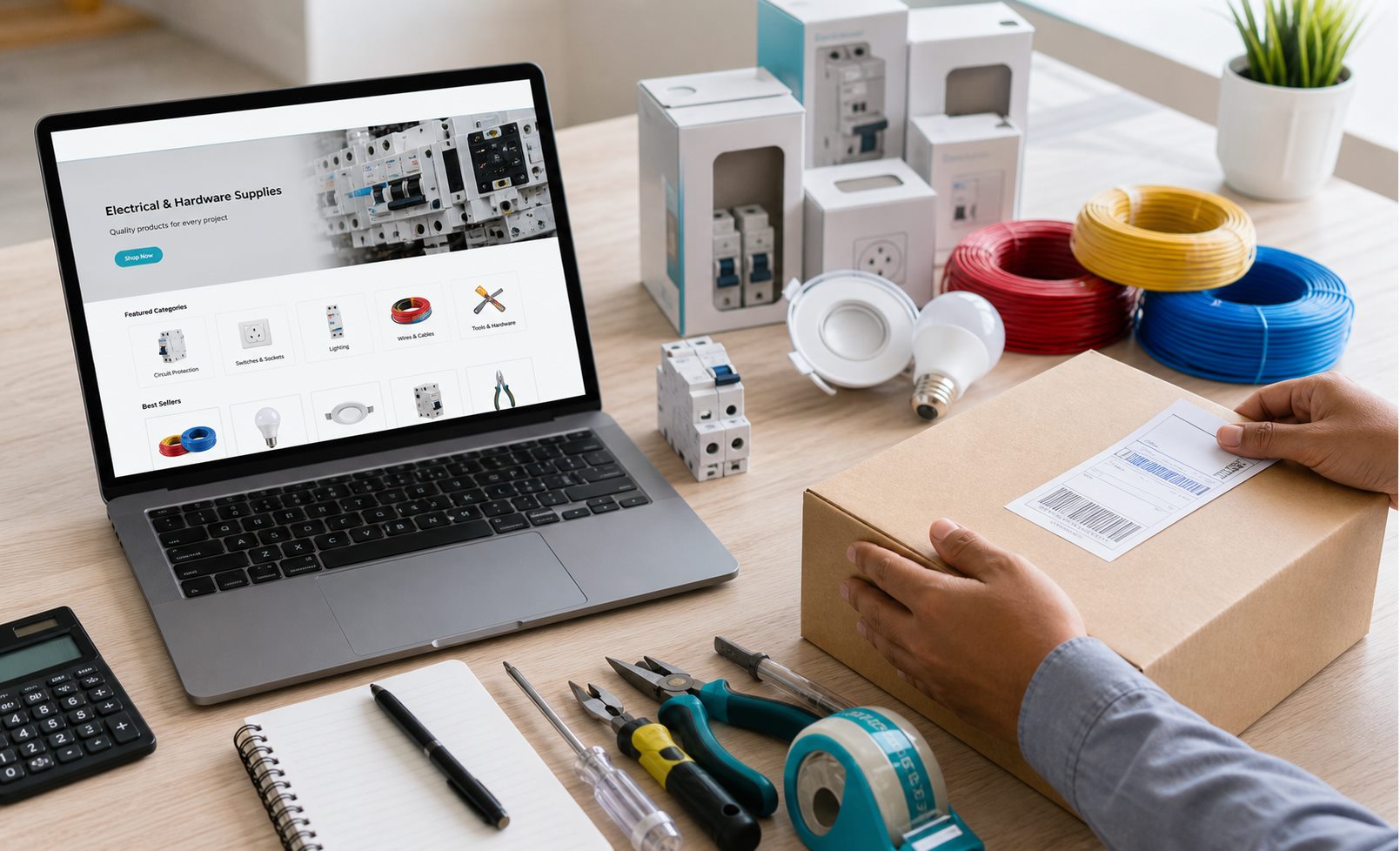 Online store order being prepared with electrical and hardware supplies for delivery